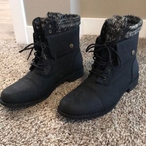Knit Sweater Cuffed Lace-up Combat Boots